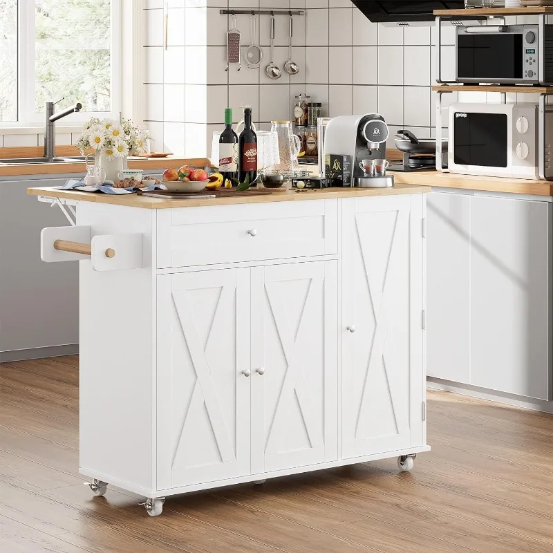 

Kitchen Island with Storage, Island Table on Wheels with Drop Leaf, Spice Rack, Drawer, Towel Rack, Rolling Kitchen Island Cart