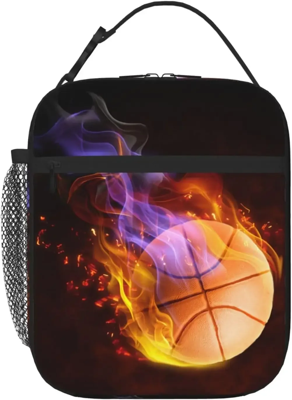 Basketball Lunch Box with Fire Pattern, Sports-themed Lunch Bag for Kids Teens Adults Boys Men, Insulated Leakproof Waterproof