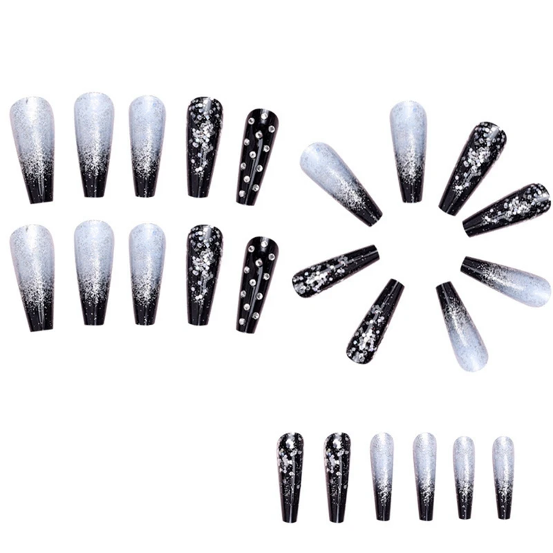 Black Gradient Applique Diamond False Nails Long Coffin Nail Tips Detachable Press On Nails Glitter Diamond Nails Nail Art