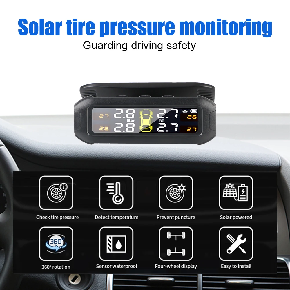 Solar TPMS Tire Pressure Monitoring System Car Tyre Pressure Monitor Temperature Warning Fuel Save With 4 External Sensors