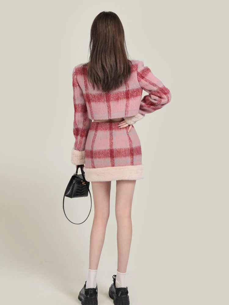 KBAT 2023 Spring Harajuku Streetwear Two-Piece Set High Waist Punk Skirts Women Short Woolen Jacket Female Plaid Outwear