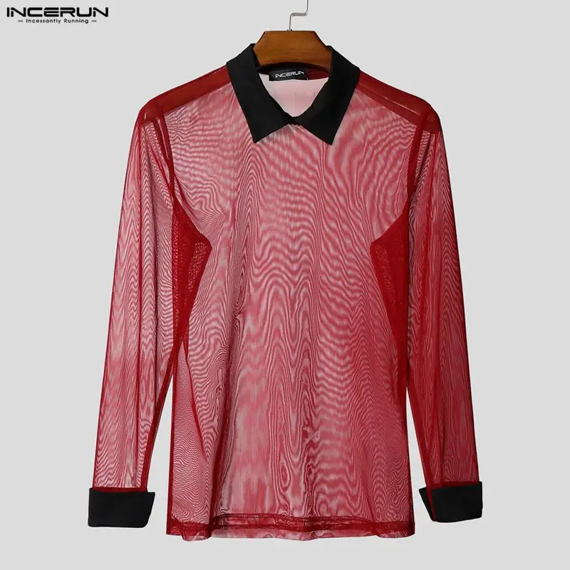 INCERUN Men's T Shirt Mesh Patchwork Lapel Long Sleeve See Through Men Clothes Streetwear Sexy Party Tee Tops For Man Camisetas