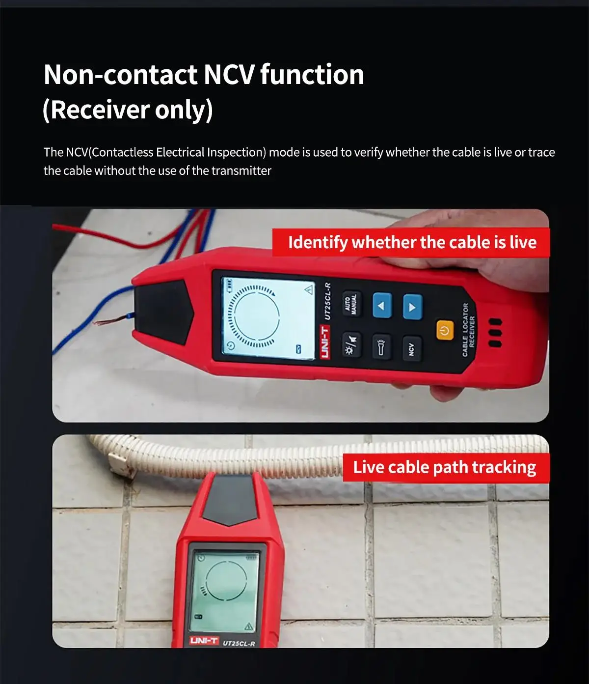 Imagem -05 - Localizador de Cabos Uni-t-handheld Teste Elétrico sem Contato Ncv Detector de Segurança Elétrica Rastrear Caminhos de Cabos Subterrâneos Ut25cl