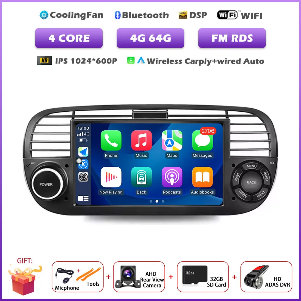 7 " Voor FIAT 500 2007-2015 GPS Navigatie Android 16 Auto Draadloze Carplay Auto Multimedia Video Speler Stereo Autoradio gereedschap BT