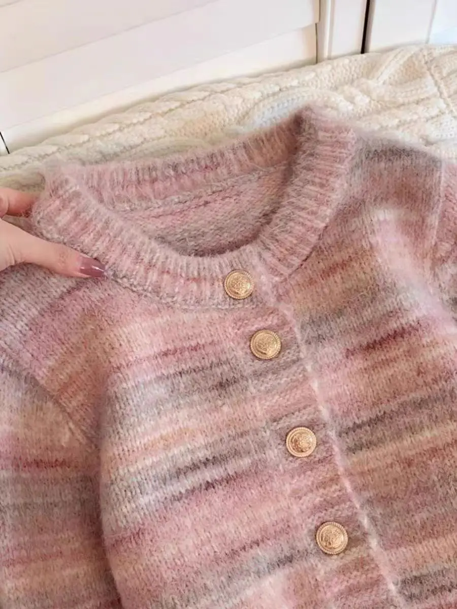 Dolce ragazza moda nuovo autunno inverno rosa a righe Mohair Cardigan lavorato a maglia per le donne collo tondo monopetto maglione cappotti