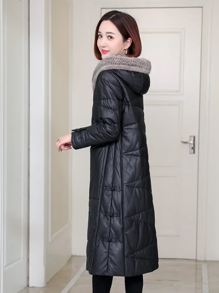 YOLANFAIRY Damska kurtka ze skóry naturalnej, płaszcz, odzież z owczej skóry, damskie zimowe kurtki puchowe, kołnierz z futra norki, długi, dopasowany płaszcz z kapturem
