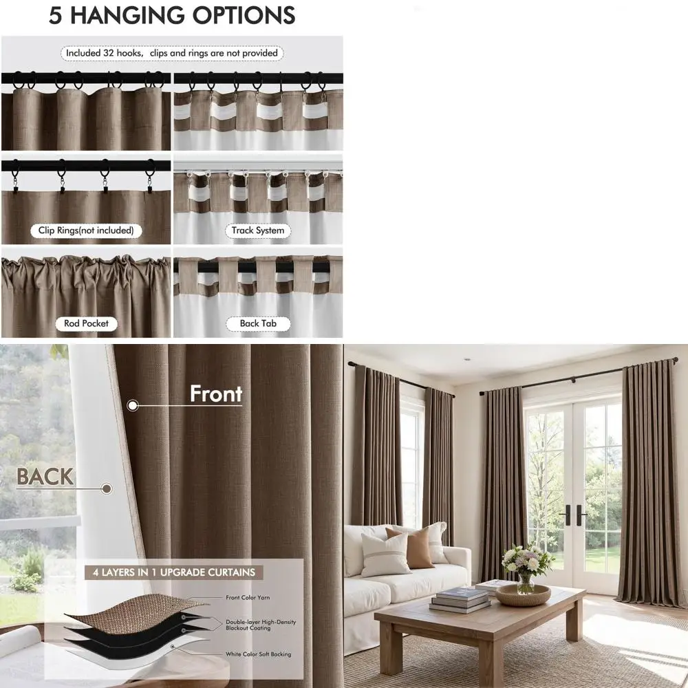 

90 Blackout Curtains Set, 2-Panels, Thick Faux Linen, Room Darkening, Back Tab Pleat, Dutch Cocoa for Bedroom & Living Room