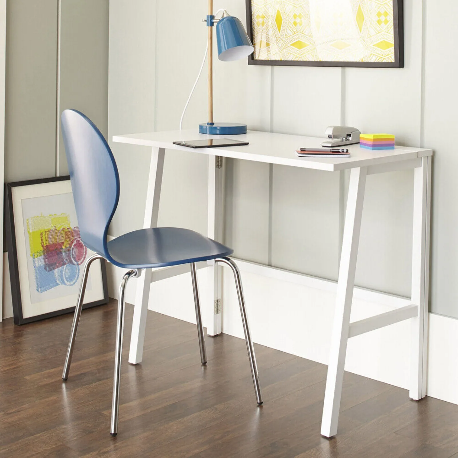 Floating Table Home Office Corner Desktop Glass Top PC Portable Computer Table Furniture White-