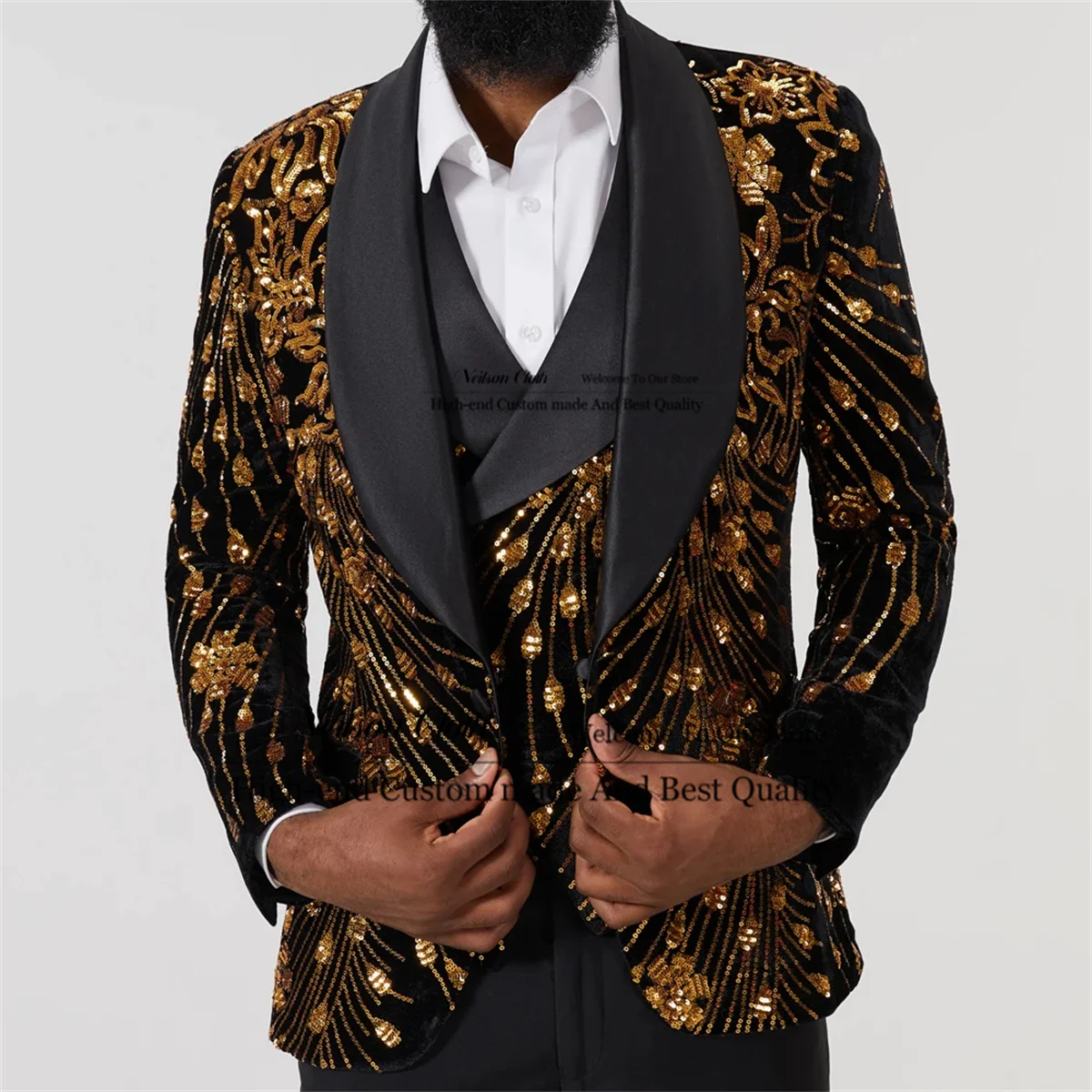 

Sequin Patterns Men Suits Shawl Lapel Groom Wedding Tuxedos 3 Pieces Sets Male Prom Blazers Slim Fit Groomsmen Costume Homme