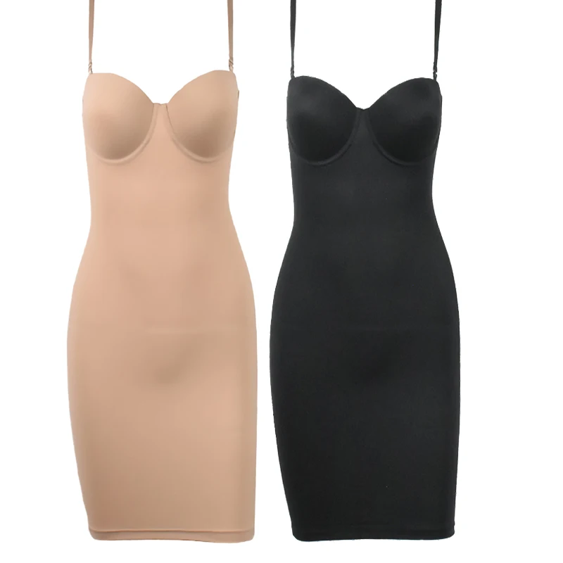 

Slimming Full Length Shapewear Slips Nude Straight Tube Dress Body Shaper Women Skinny Under Dresses Underwire Cup Black