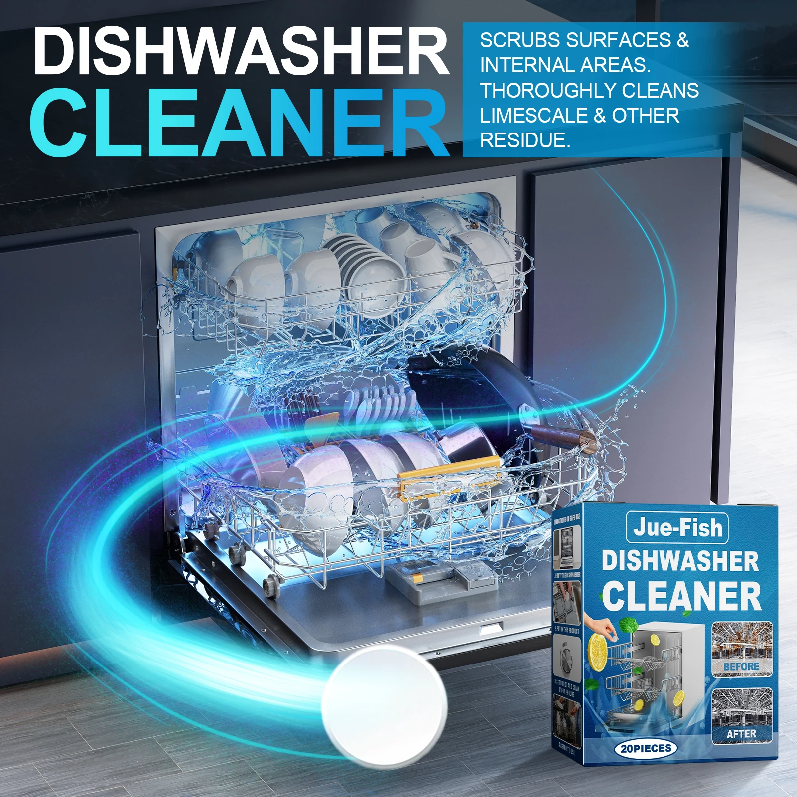 Dishwasher Cleaning Tablets Deep Removing Grease & Limescale Reduce Odors Fresh Lemon Aroma Powerful Cleaner Deodorizer Tablets
