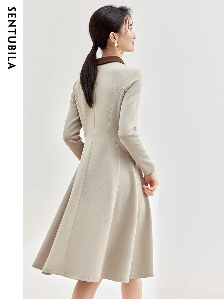SENTUBILA Midi Shirt Dress Women Spring Autumn Long Sleeve Polo Neck Casual A-Line Simple Slim Contrast Dresses Woman 133L51451