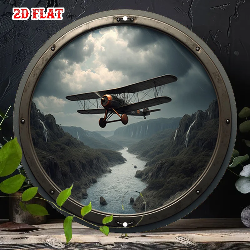 2D Flat Round Metal Tin Sign Vintage Stained Glass Animal Landmark Aircraft Religion Text Pattern Wall Decor Plaque For Home F