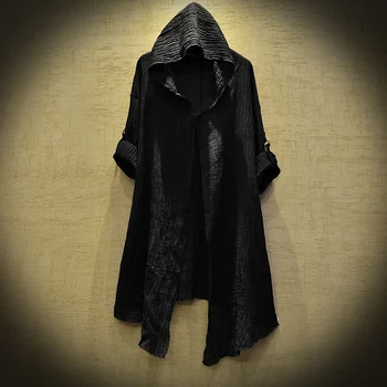 2024 NEUE Mode Mantel Schwarz robe Transluzenten Leinen mantel Dünne Graben Männer Gothic langen mantel geheimnisvolle Dustcoat Männer Strickjacke Frühling
