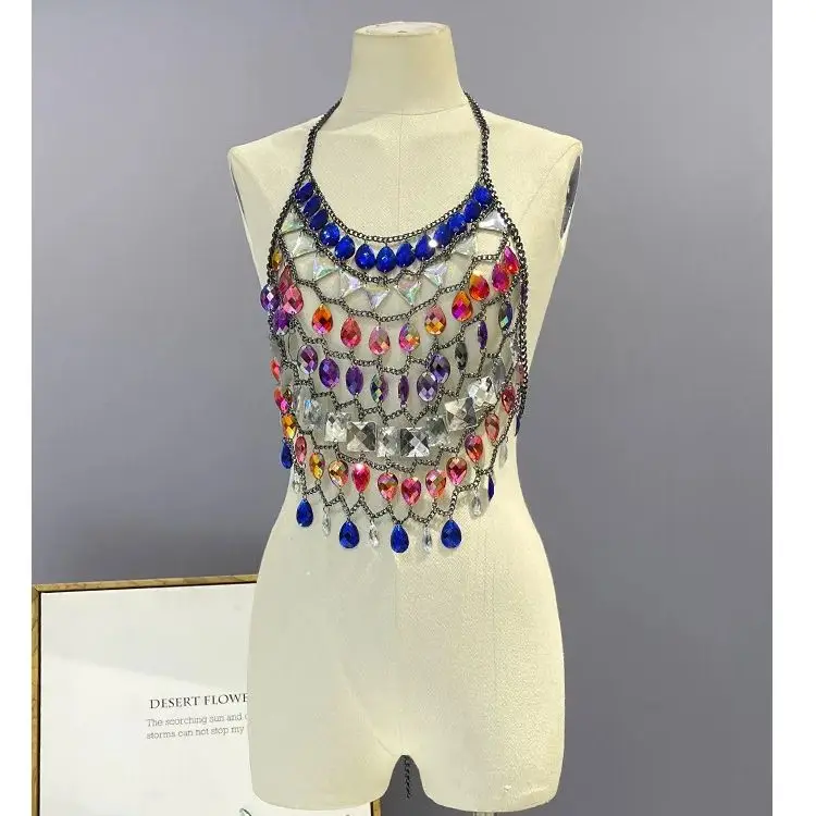 

2023Hot selling crystal gem halter halter Spice Girl backless pure hand-made vest online red trend