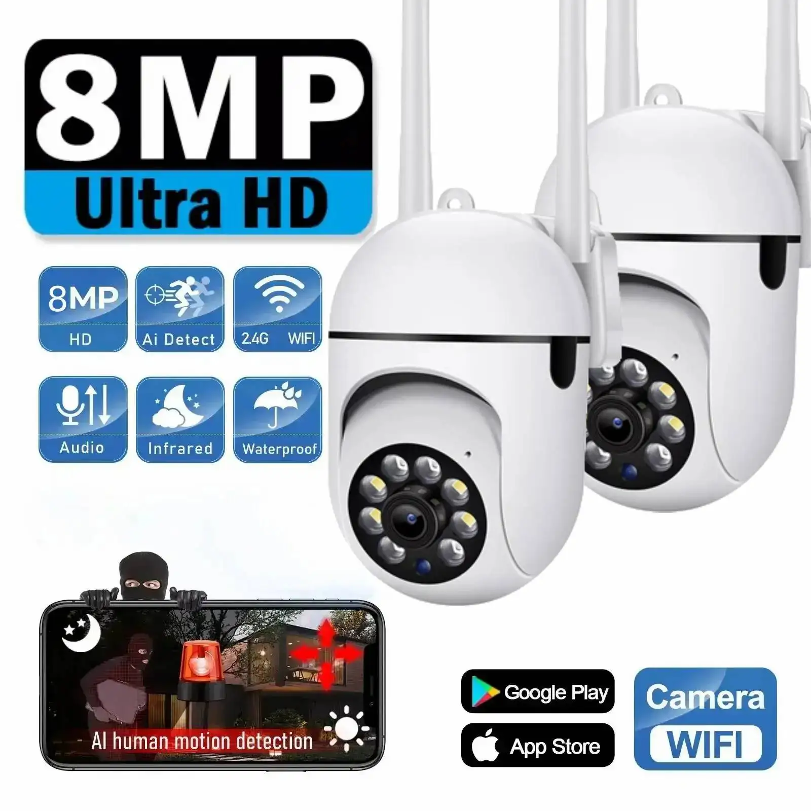 8MP Wifi Wireless Security Monitor Cameras Color Night Vision PTZ Cam Smart Home AI Human Tracking CCTV HD Surveillance Camera