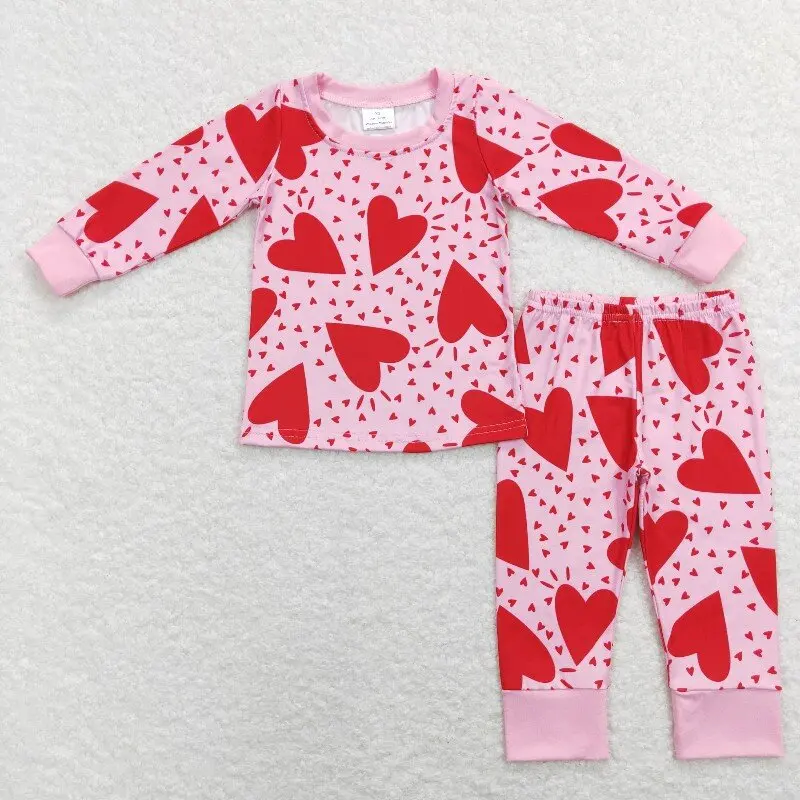 

New rts girls valentine's day set wholesale boutique leopard love print pink baby girl pajama set