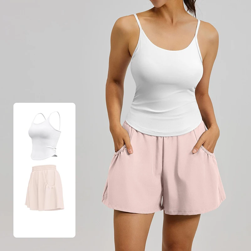 Women's Pilates Matching Sets Fixed Built-In Bra Pads Tank Top with Pockets Loose Workout Shorts High Stretch 2 Piece Yoga Sets