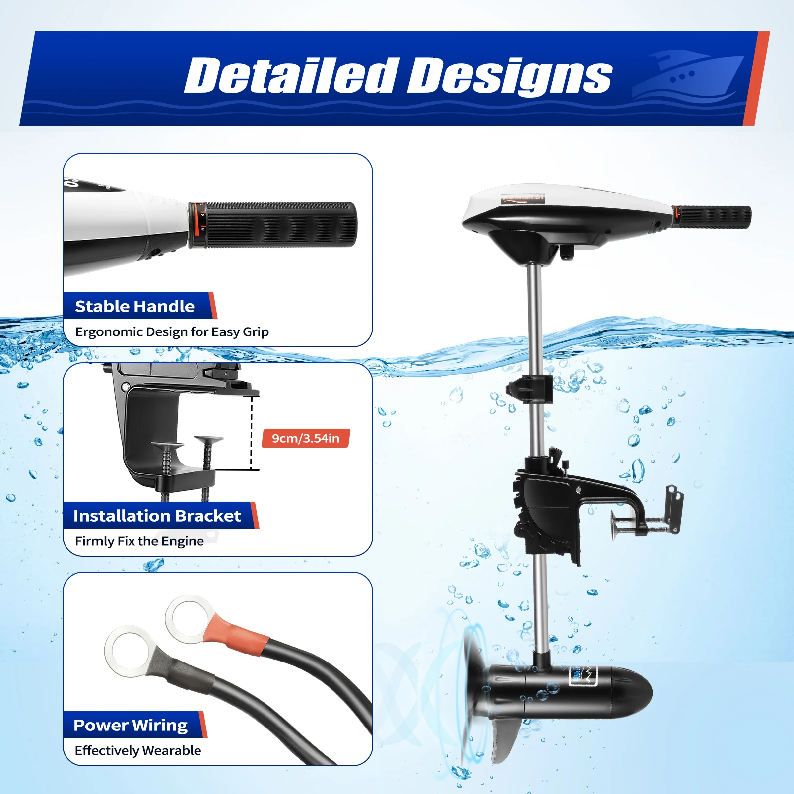 Motor de popa elétrico Bymaocar com alça de controle telescópica, motor de barco multiengrenagem de 12V adequado para pesca, aquicultura