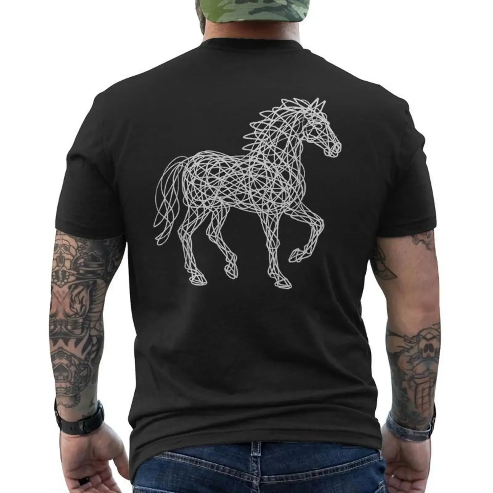 T-shirt imprimé au dos avec motif Cheval abstrait en ligne, dessin à la main, croquis, Cadeauxyz vintage, délavé, décontracté, légèrement unisexe
