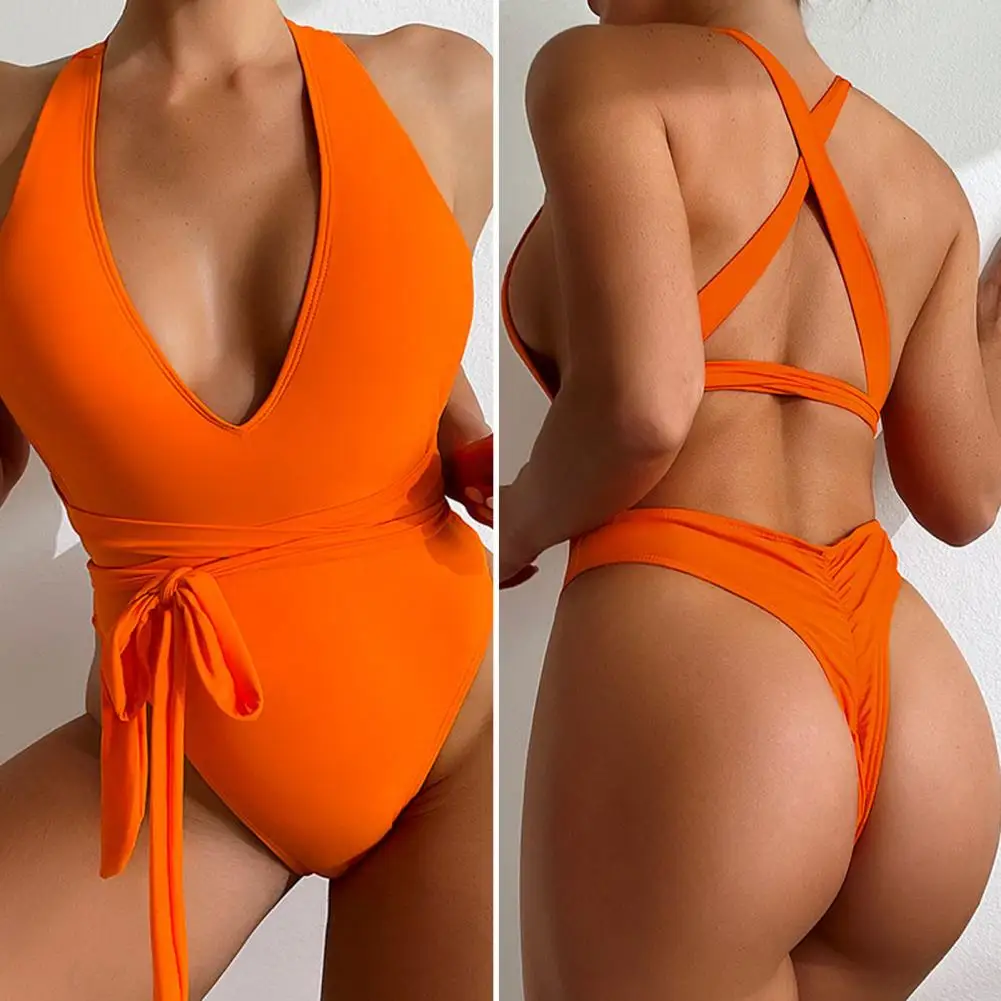 Ladies  Chic Orange Lace-up Bathing Suit One-Piece Women Swimsuit Solid Color   for Vacation