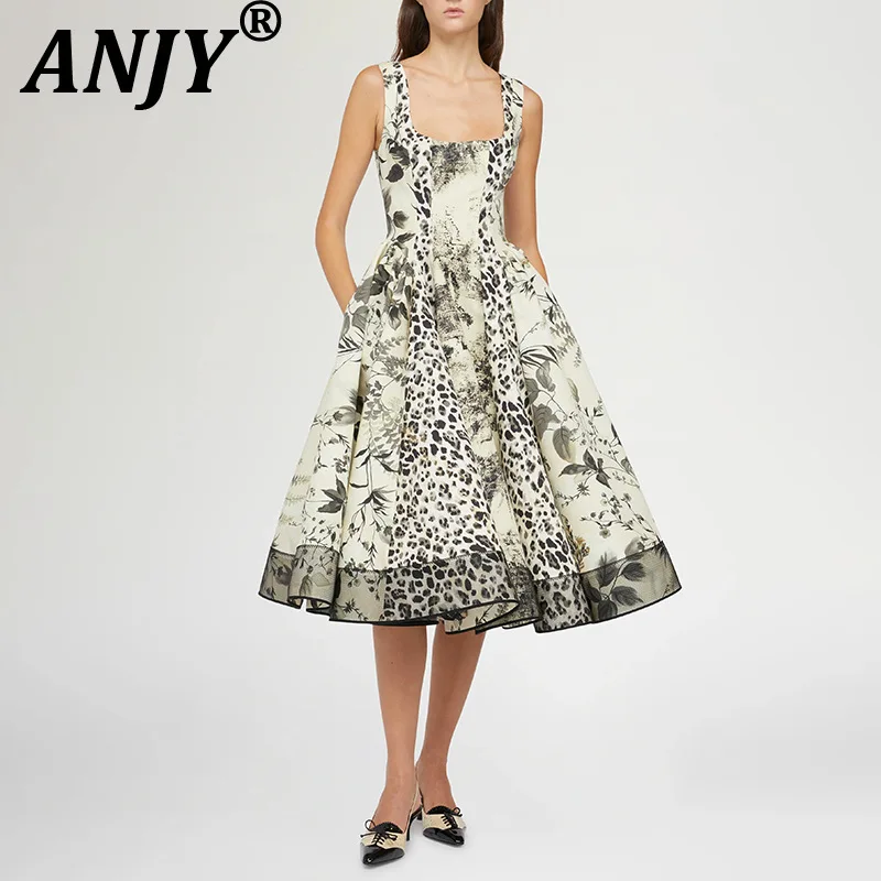 

ANJY Summer New Women French Style Sexy Camisole Square Collar Sleeveless Ink Painting Print Waist-Slimming Fashion Dress A20032
