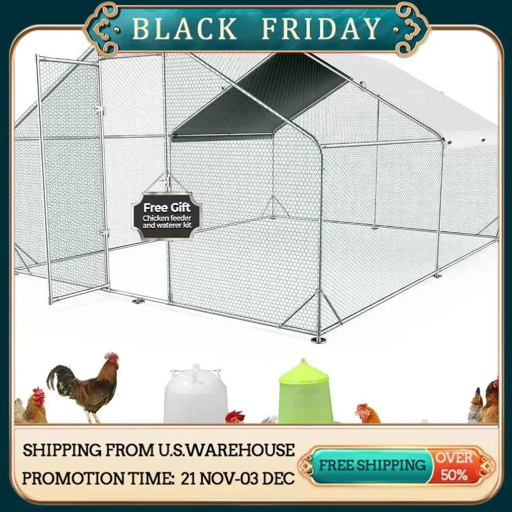 Large Metal Chicken Coop,Outdoor Walk-in Poultry Cage Hen Run House Rabbits with Waterproof Cover and Secure Lock for Outside