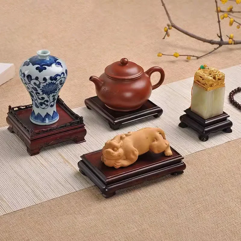 

Red Wood Carving Handicraft Seal Decoration Base, Solid Wood Square Stone, Flower Pot, Tea Pot Base