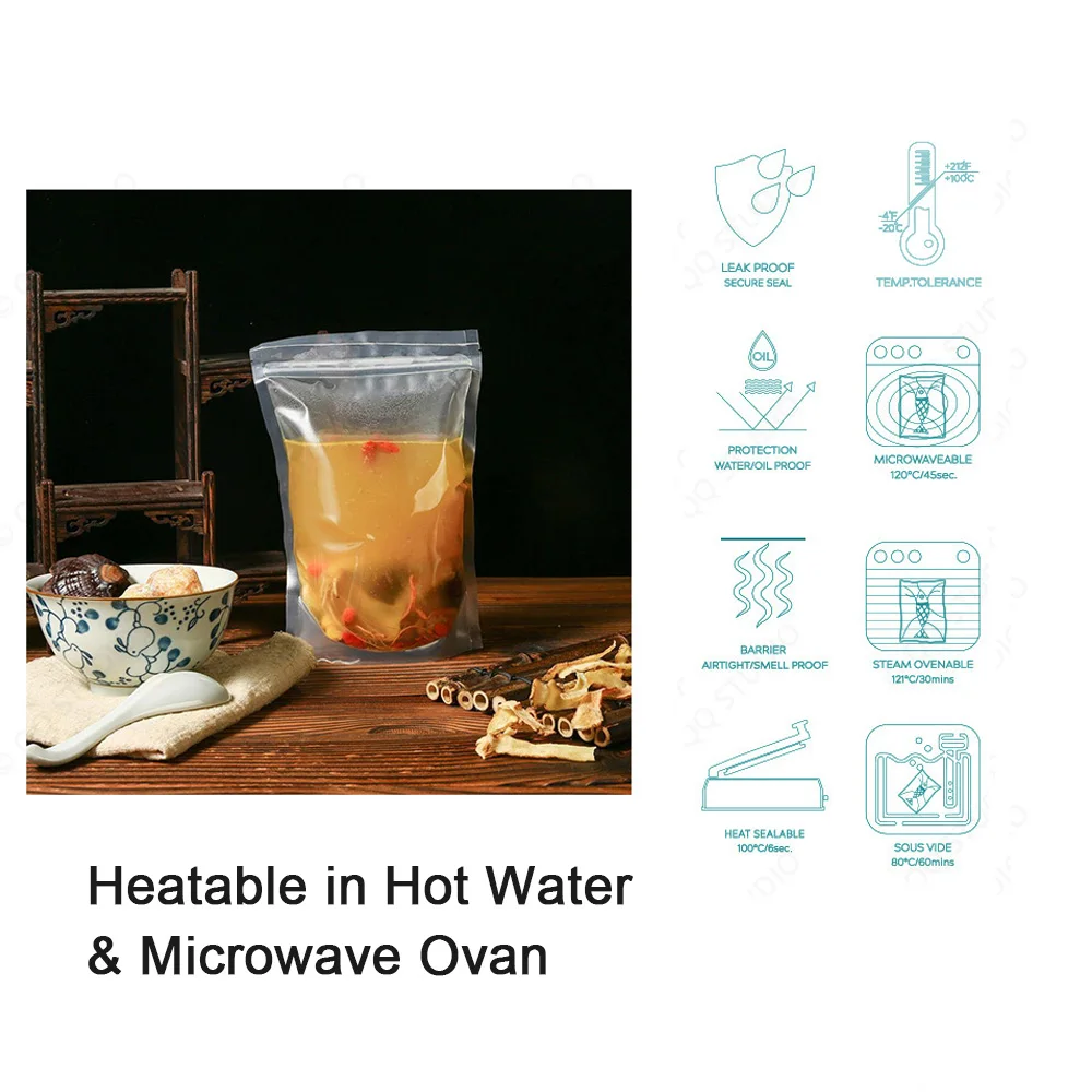 Glossy Food Heat Sealable Ziplock Pouches, Plastic/Nylon Microwave Heating Bag, Clear, High Temperature Resistance, 100 Pcs