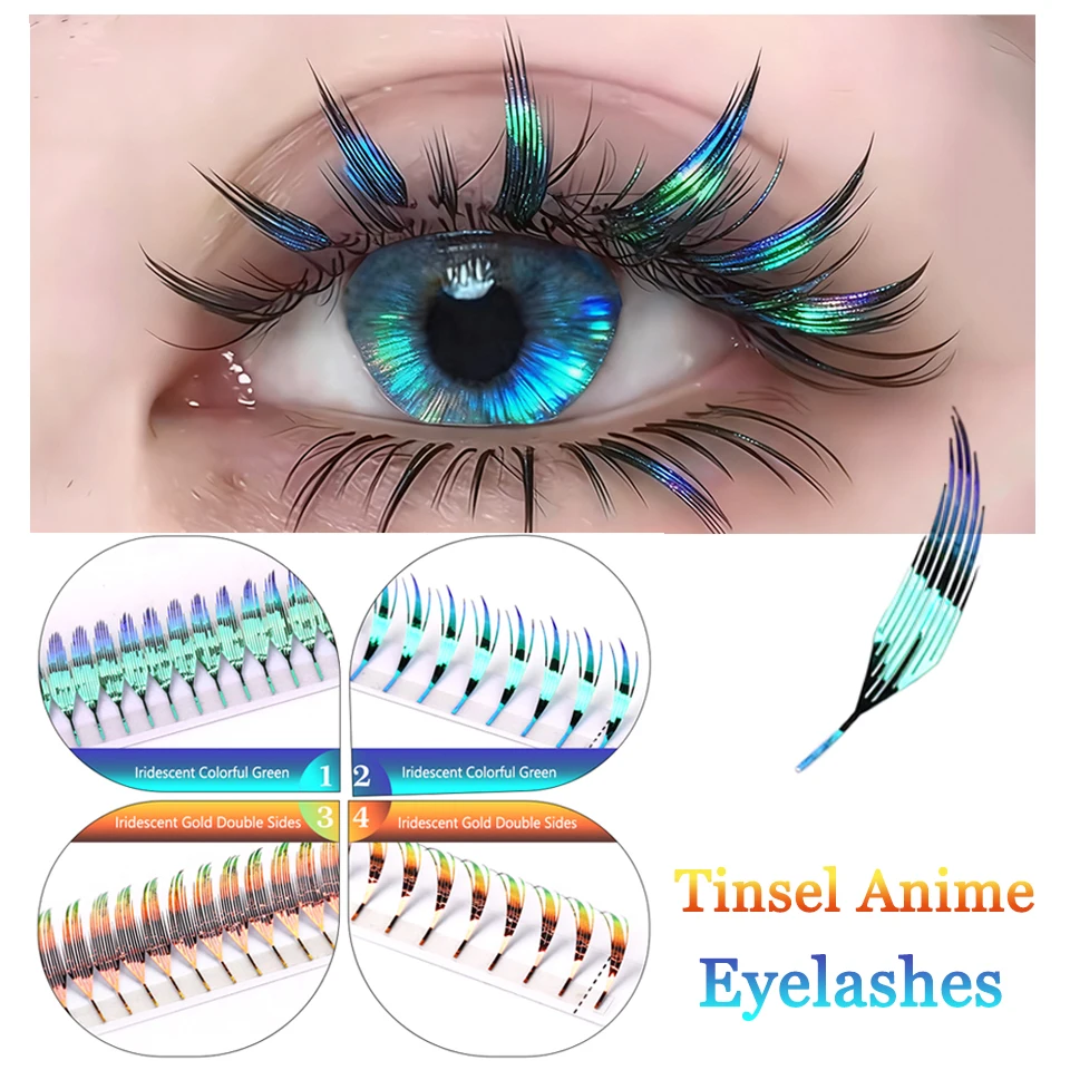 New Fashion Shiny Tinsel Anime Lashes Holographic Manga False Eyelashes Comic Spire Eyelash Extension For Christmas Party Makeup