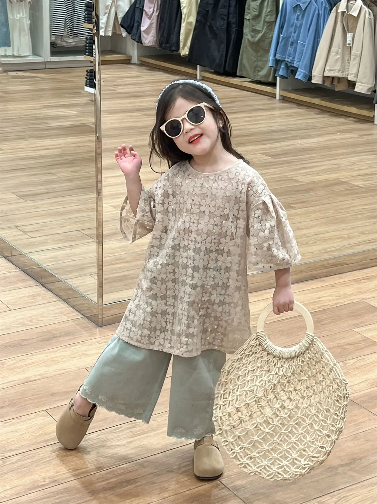 Sukienki dla dziewczynek Chlidren Clothes 2024 Summer Korean Style Children New Fashion Sweet Girls Sequin Lace Puff Sleeve Dress