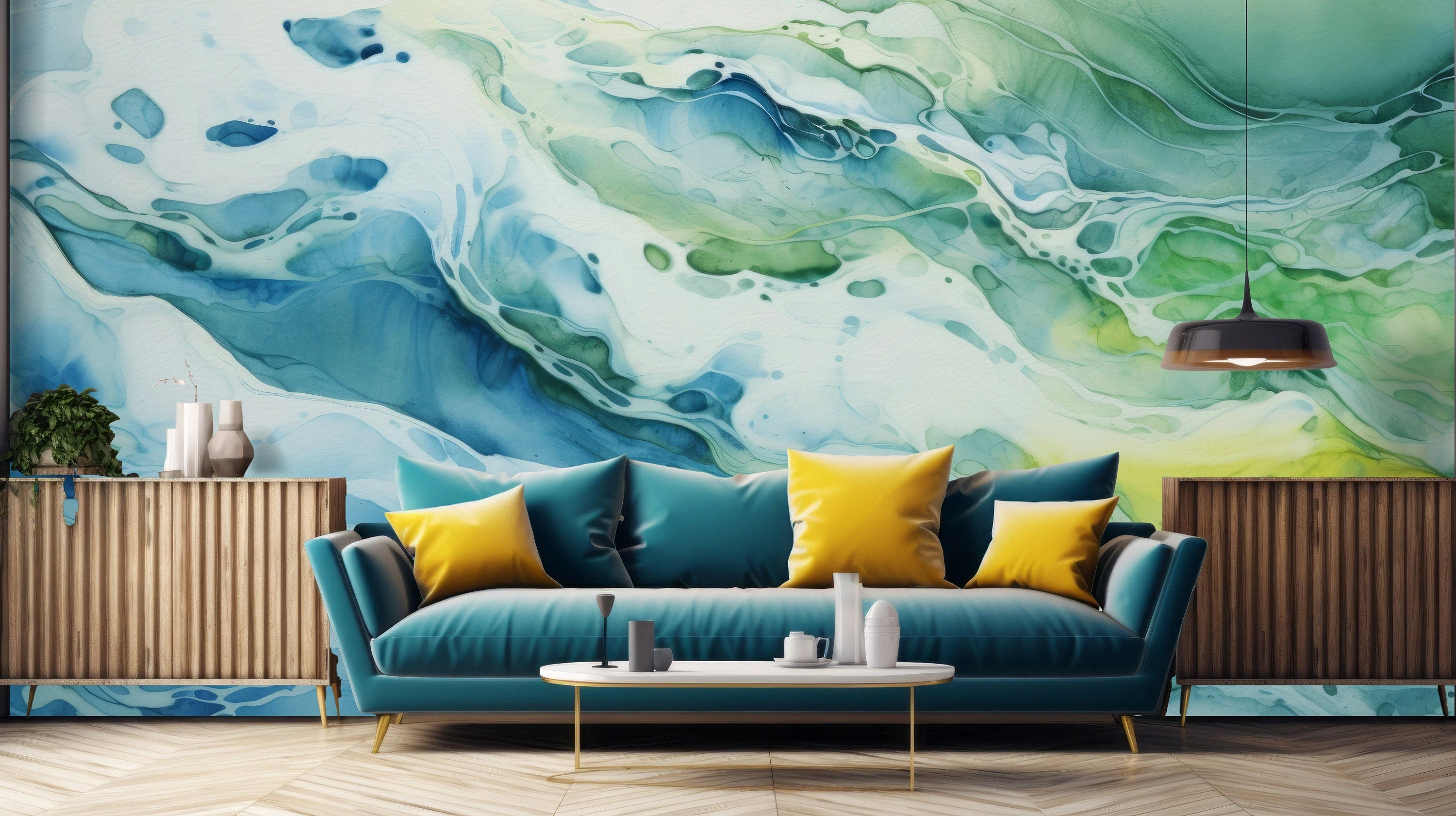 Abstract Fluid Art Wall Mural Teal Green Yellow Marble Wallpaper Modern Living Room Bedroom Decor Peel and Stick Wall Paper