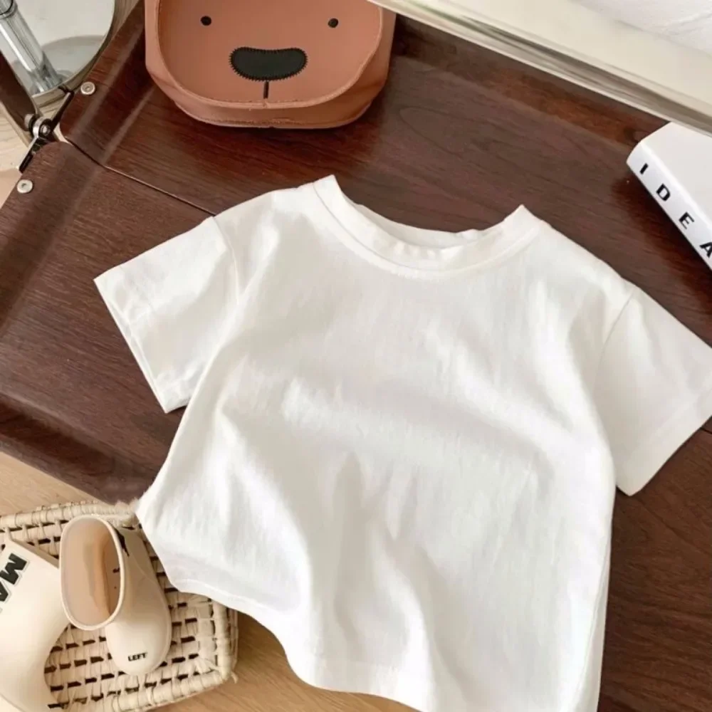 Kids Clothes Cartoon Round Neck Short Sleeved T-shirt New Summer Children's Clothing Bow Print Top Girls White Clothing