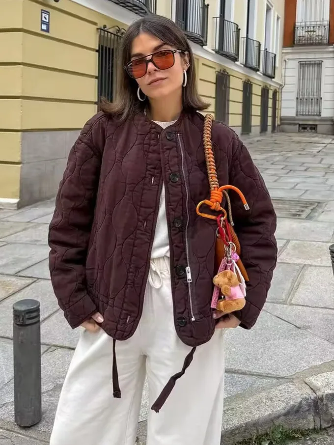 Women's Clothing 2025 Winter Style Round Neck Long Sleeve Loose Casual Cotton Jacket For Women A15068F