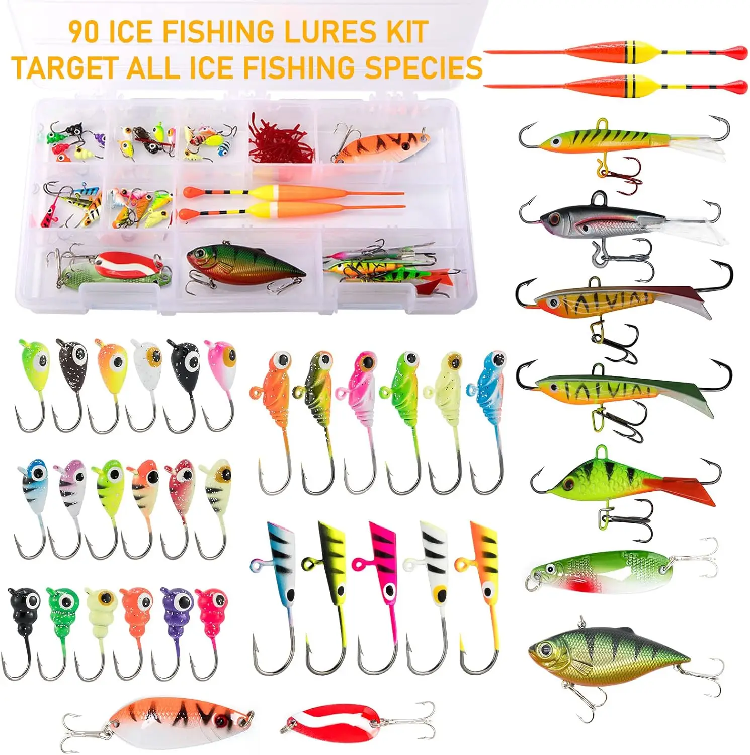 Kombination aus Eisfischerrute und Rollen mit Rucksacksitz, Köder und Zubehör zum Angeln im Winter