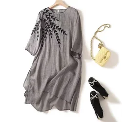Womens Cotton And Linen Embroidered Leaves Dress Mid Length Top