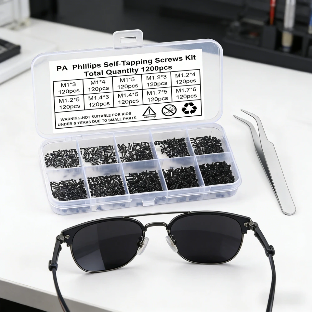 

1200Pcs Small Screws set M1/M1.2/M1.4/M1.7,Mini Self-Tapping Electronic Screw kit with Tweezers for DIY Sunglasses Watch Repair