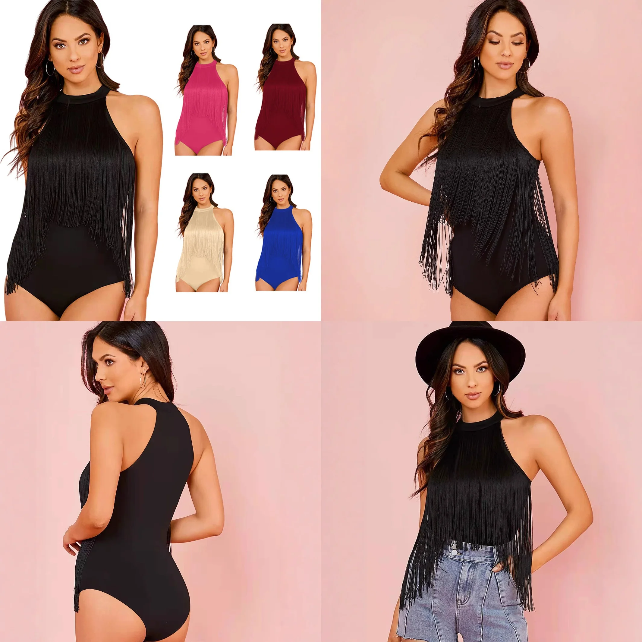Women Jumpsuit Sleeveless Fringe Overall Playsuit Solid Color Summer Evening Dress Matching Set