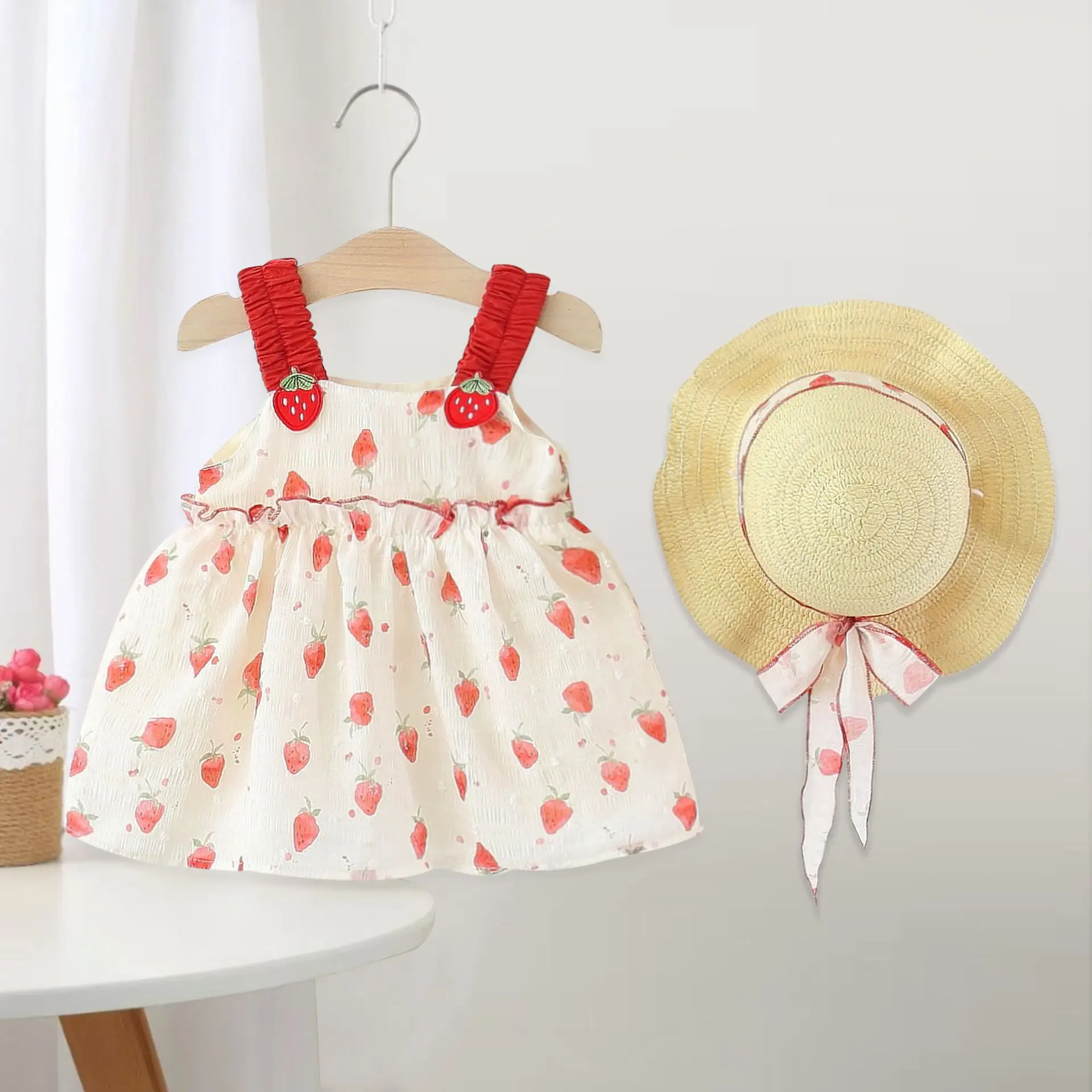 

Summer newborn baby girls clothes outfits strawberry dress+hat for infant girls cloth 1st birthday princess party dresses dress