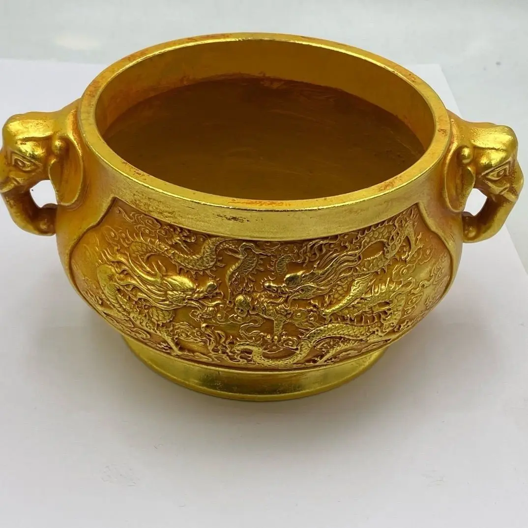Gilt Cornucopia double dragon basin incense burner Ornament Decoration Tea Pet Figurines Desk Decor Accessories
