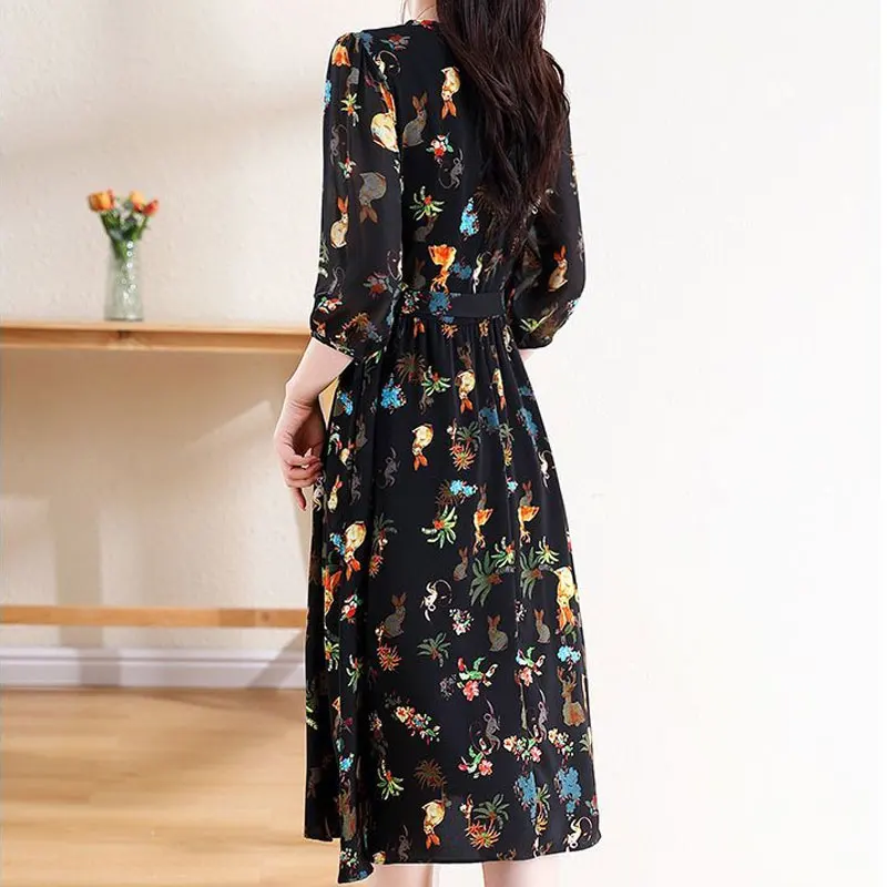 Women\'s Clothing Casual Printed Midi Dress Vintage A-Line Spring Summer New 3/4 Sleeve Fashion V-Neck Elegant Drawstring Dresses