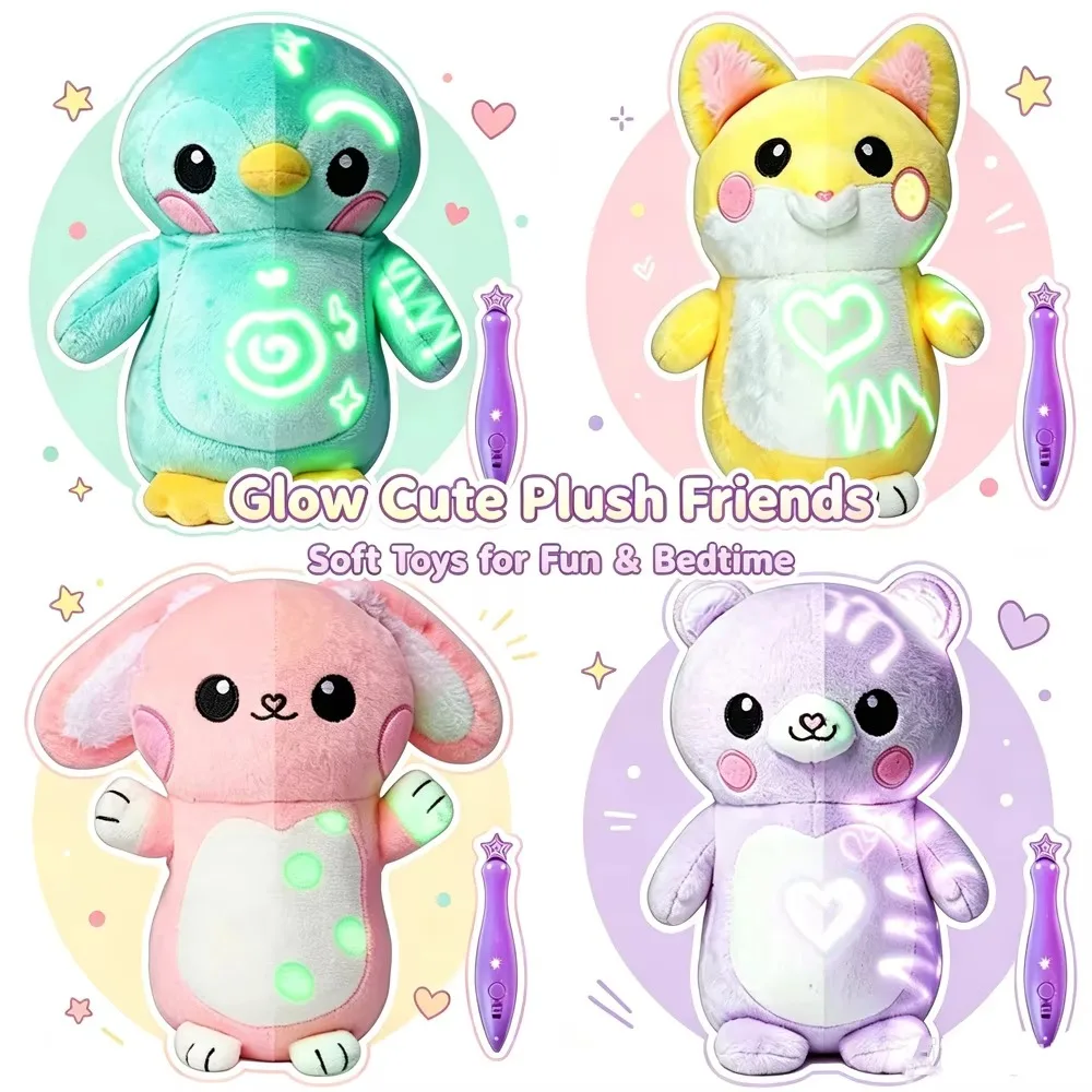 Glow Doodle Plush Toy With Light Pen, Cute Penguin Bunny Bear Stuffed Animal,DIY Educational Drawing Toy,Birthday Christmas Gift
