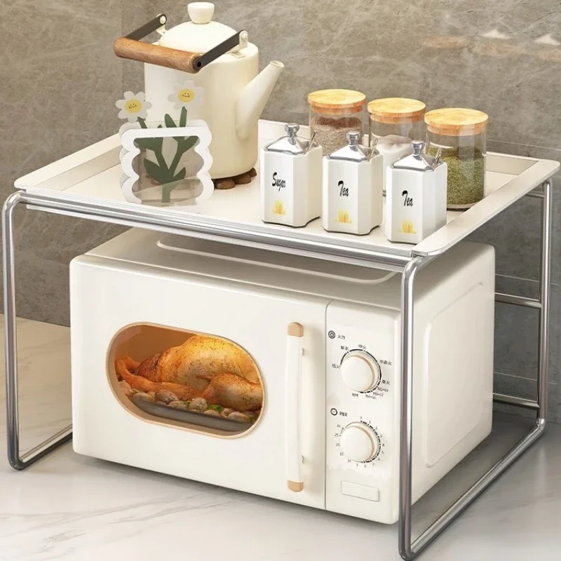 Two Layer Kitchen Metal Microwave Shelving Countertop Spice Bottle and Water Cup Organizer Oven and Rice Cooker Storage