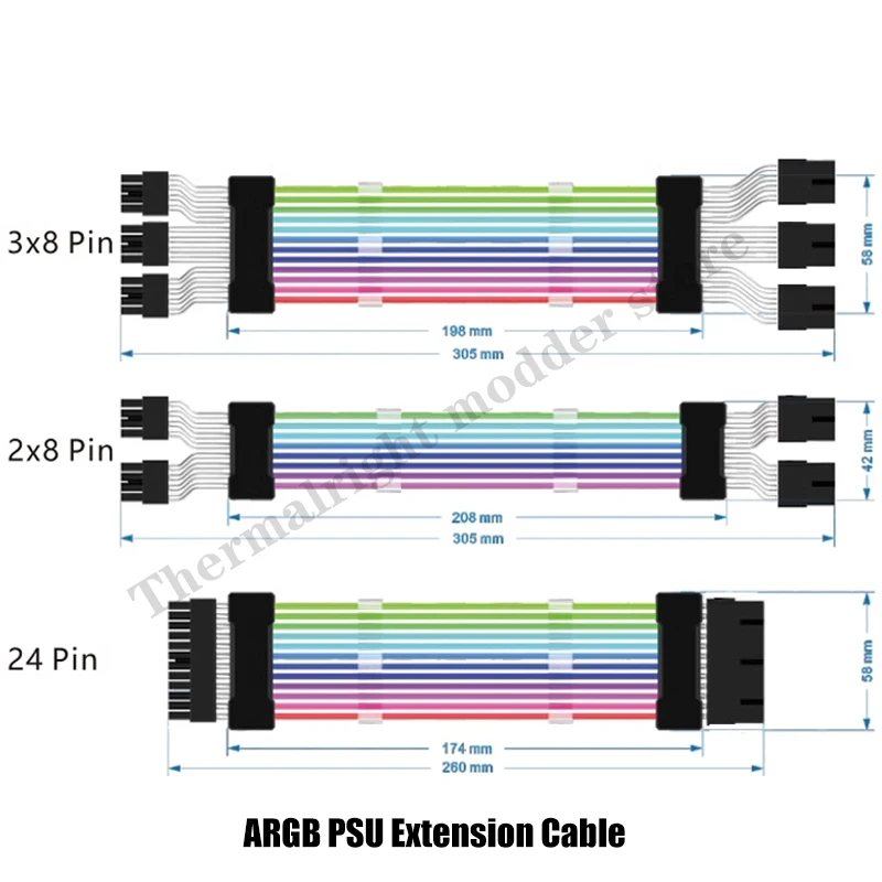 كابل تمديد PSU لتزيين وحدة معالجة الرسومات RGB ، ATX 24Pin وحدة معالجة الرسومات 8Pin ثلاثي غاسل PCI-E 6 + 2P مزدوج سلك قوس قزح مزامنة 5 فولت