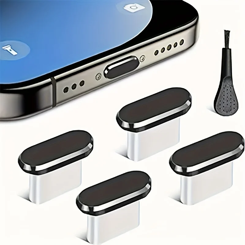 4-Pack USB-C Dust Plugs with 1 Cleaning Brush Metal Type-C Charging Port Simple Covers Dustproof USB-C Plug Protector
