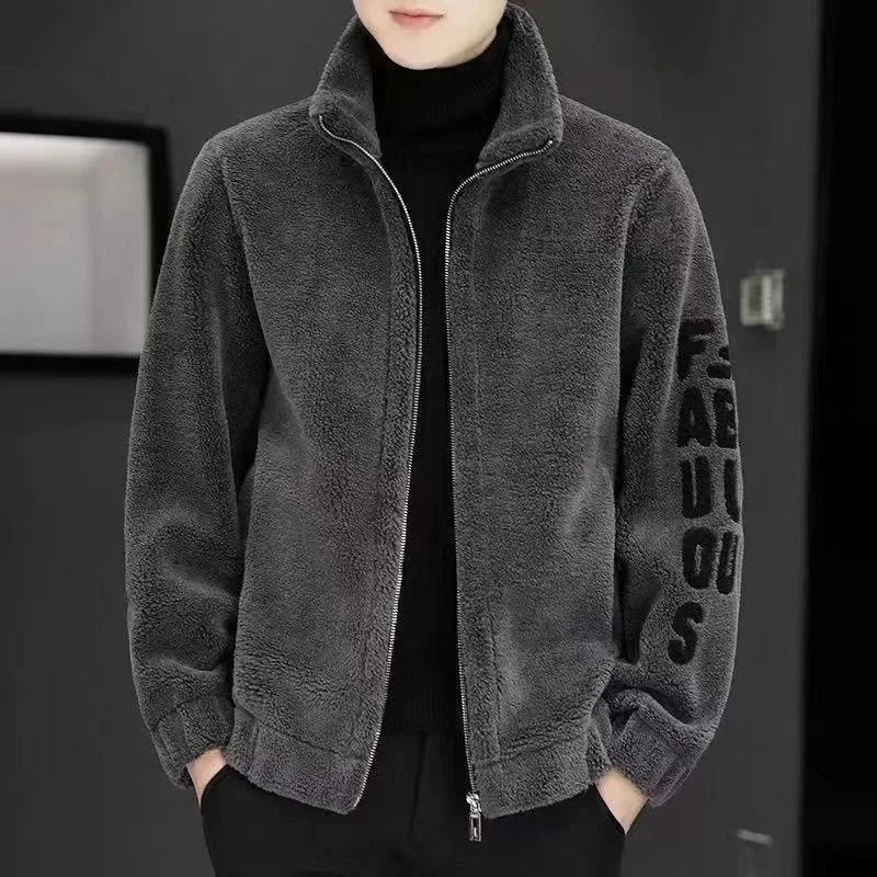 Autumn and Winter Men's Fleece Standing Neck Jacket Men's Embroidered Sweater Leather Wool Lamb Fleece Coat Clothes Top