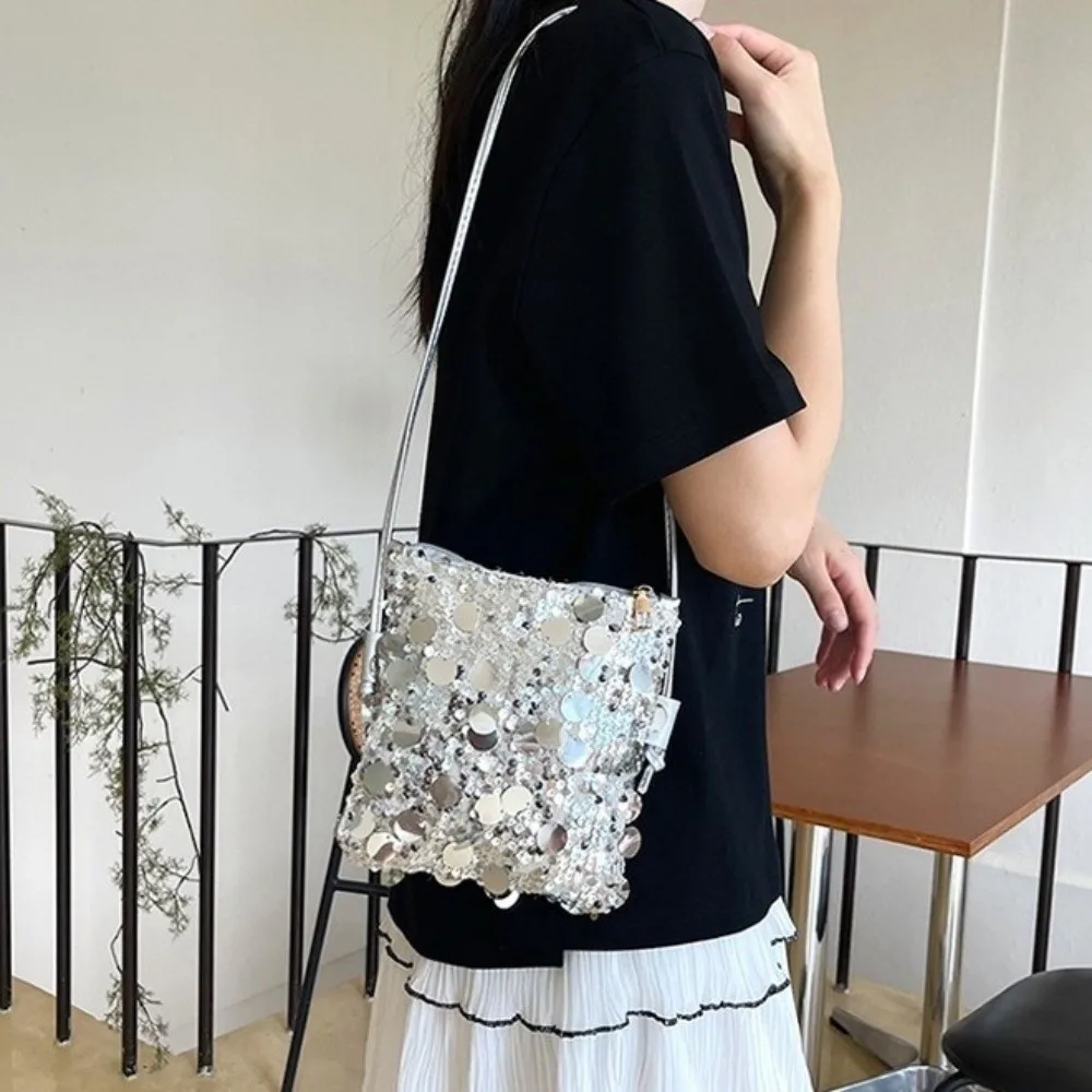 Trendy Square Shape Sequin Crossbody Bag Polyester Shiny Evening Bag Soft Lightweight Mobile Phone Bag Daily