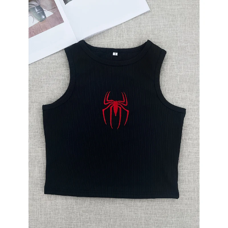 

Y2K укороченные топы с вышивкой «Человек-паук», черная майка, базовая милая кавайная уютная стильная повседневная удобная женская обувь для девочек