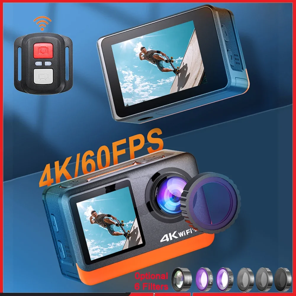 

2" Touch IPS Dual Screen Action Camera 4K60FPS 30MP DVR Wi-Fi 170D EIS Optional Filter 1080P Webcam Underwater 30M Sport Cam