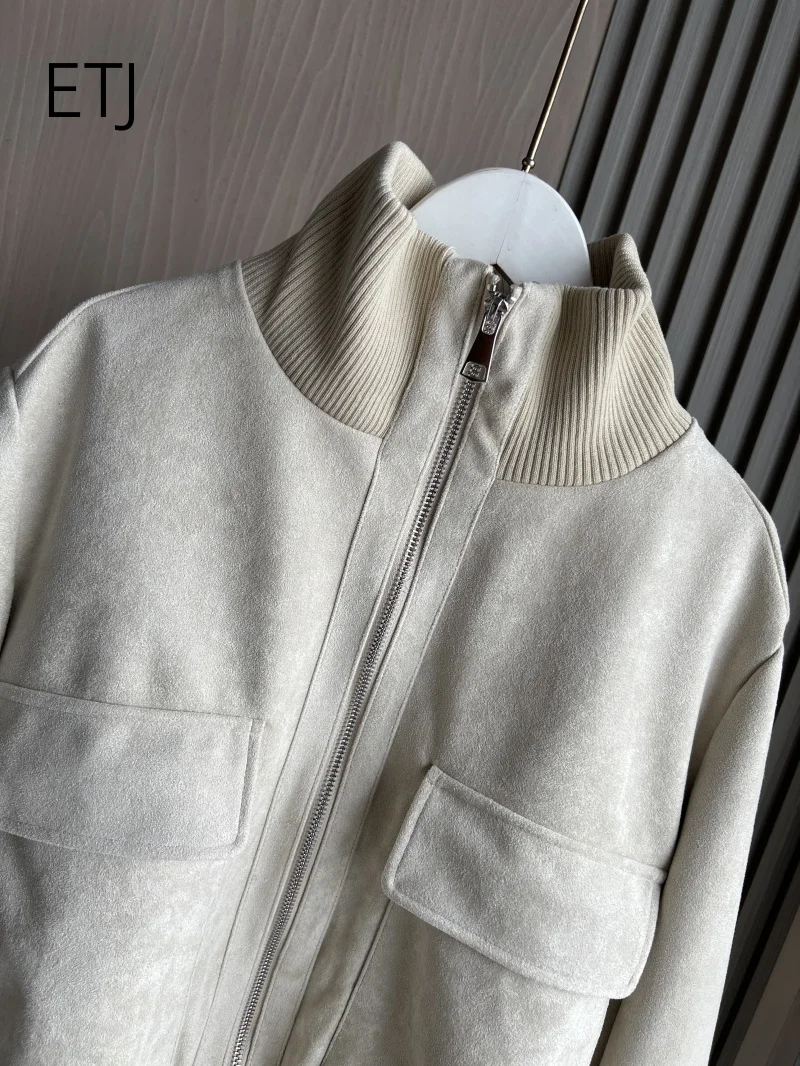 ETJ 2026 Damen Kunstwildlederjacke, kurze Fliegerjacke mit geripptem Saum, Cargotaschen, Reißverschluss, Stehkragen, Vintage-Herbstjacke – Detail 10